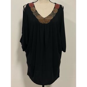 Midnight Velvet Cold Shoulder Batwing Short Sleeve Beaded Top Black Size M